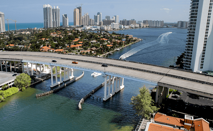 A bridge to one of the many islands that make up Miami